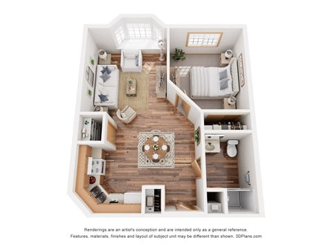 Floor plan for 1 bed, 1 bath, 625 sqft